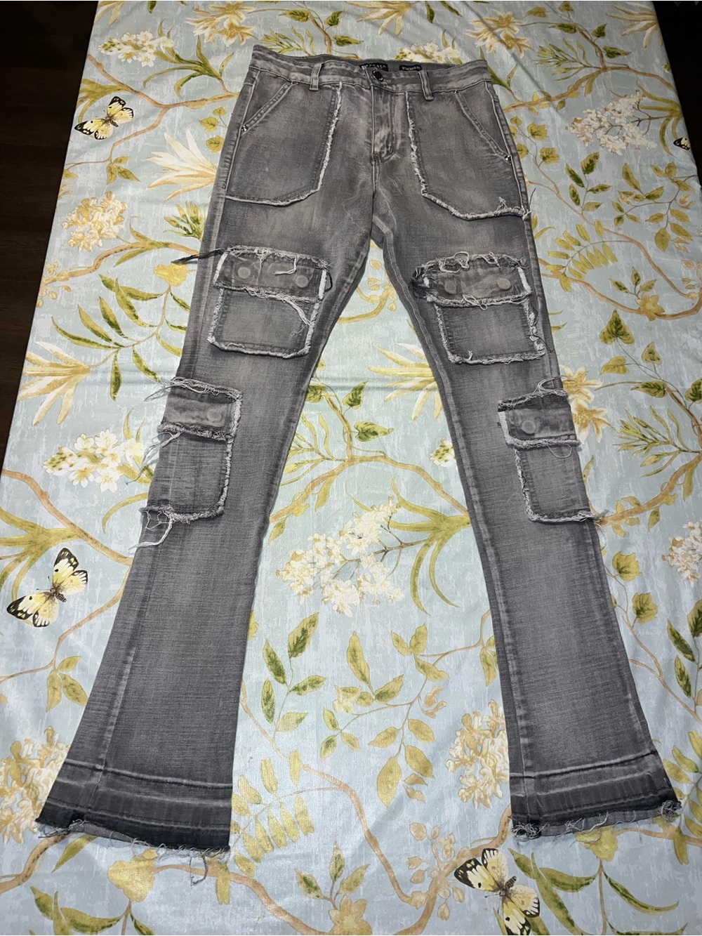 Gray Distressed Cargo Bootcut Jeans